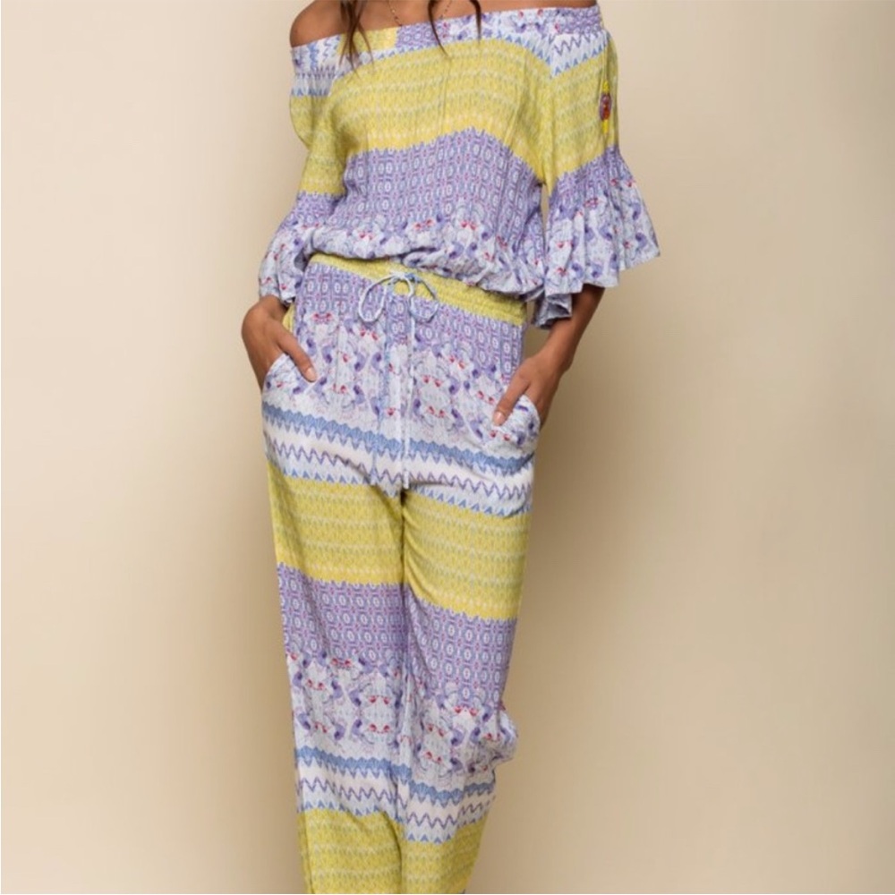 Anthropologie Raga Off the Shoulder Tropical Jumpsuit